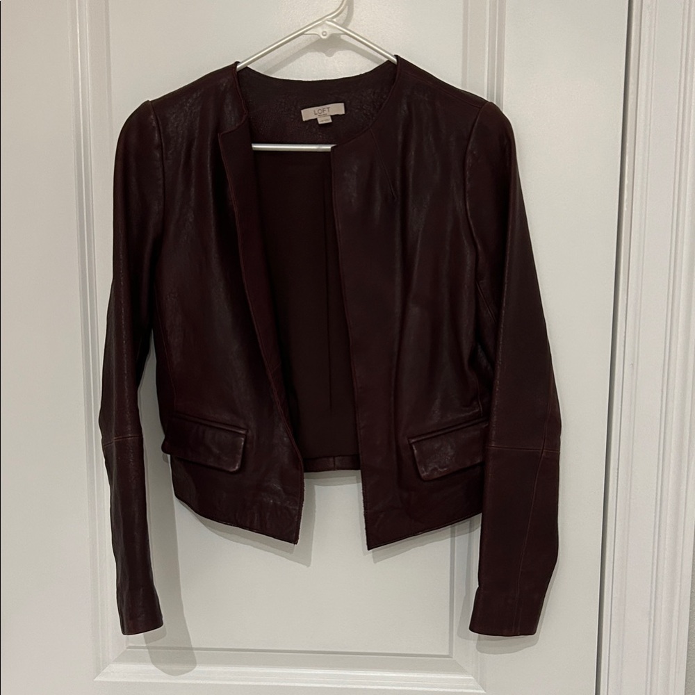 LOFT Women's Burgundy Leather Collarless Jacket